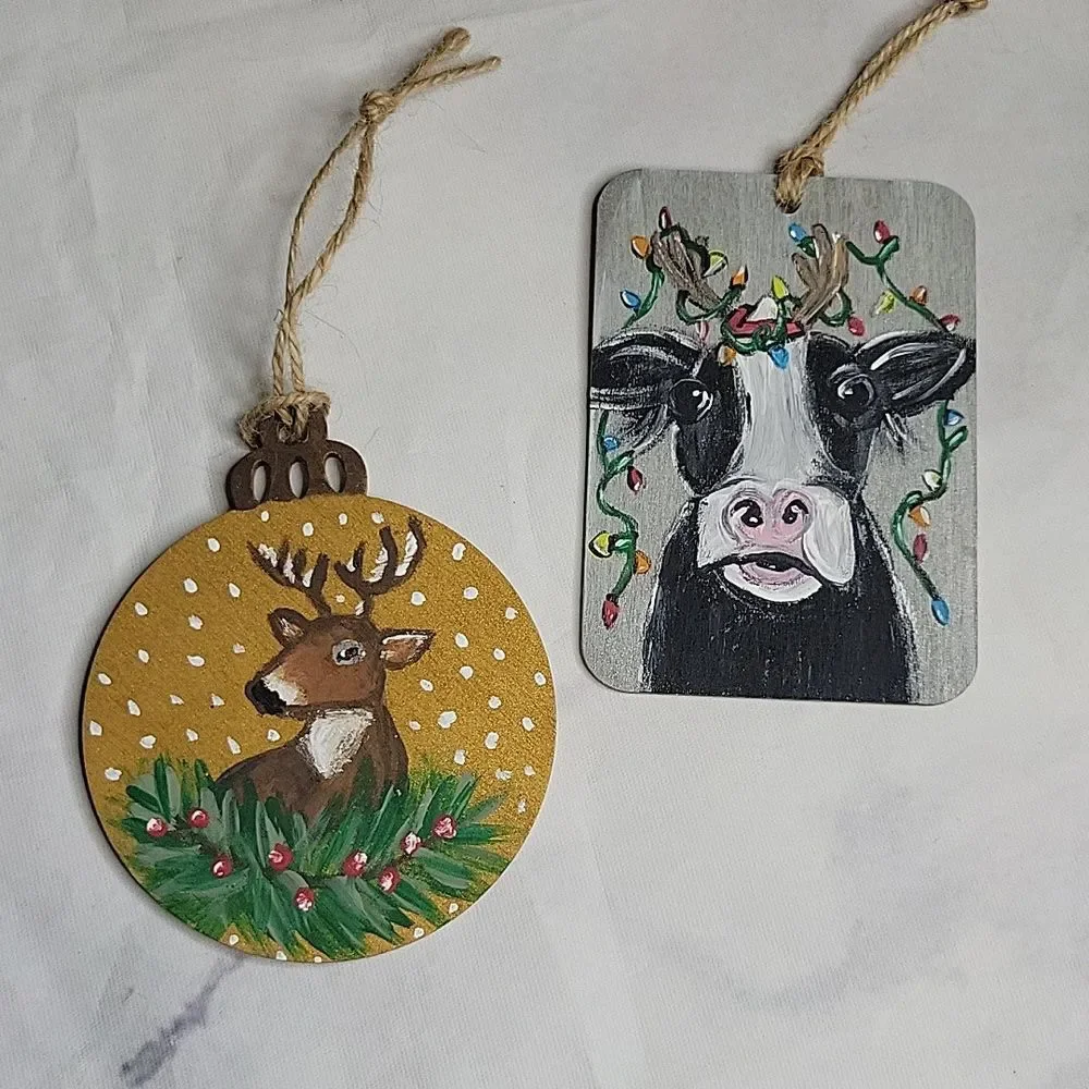 Set of 2 Handpainted Deer & Festive Cow ornaments